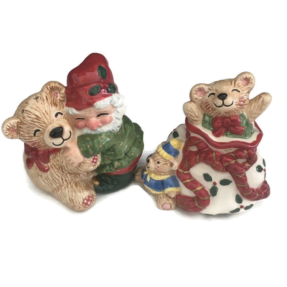 Fitz and Floyd Christmas Teddy Bear Holiday Elf Salt Pepper Shakers 2003 Ceramic